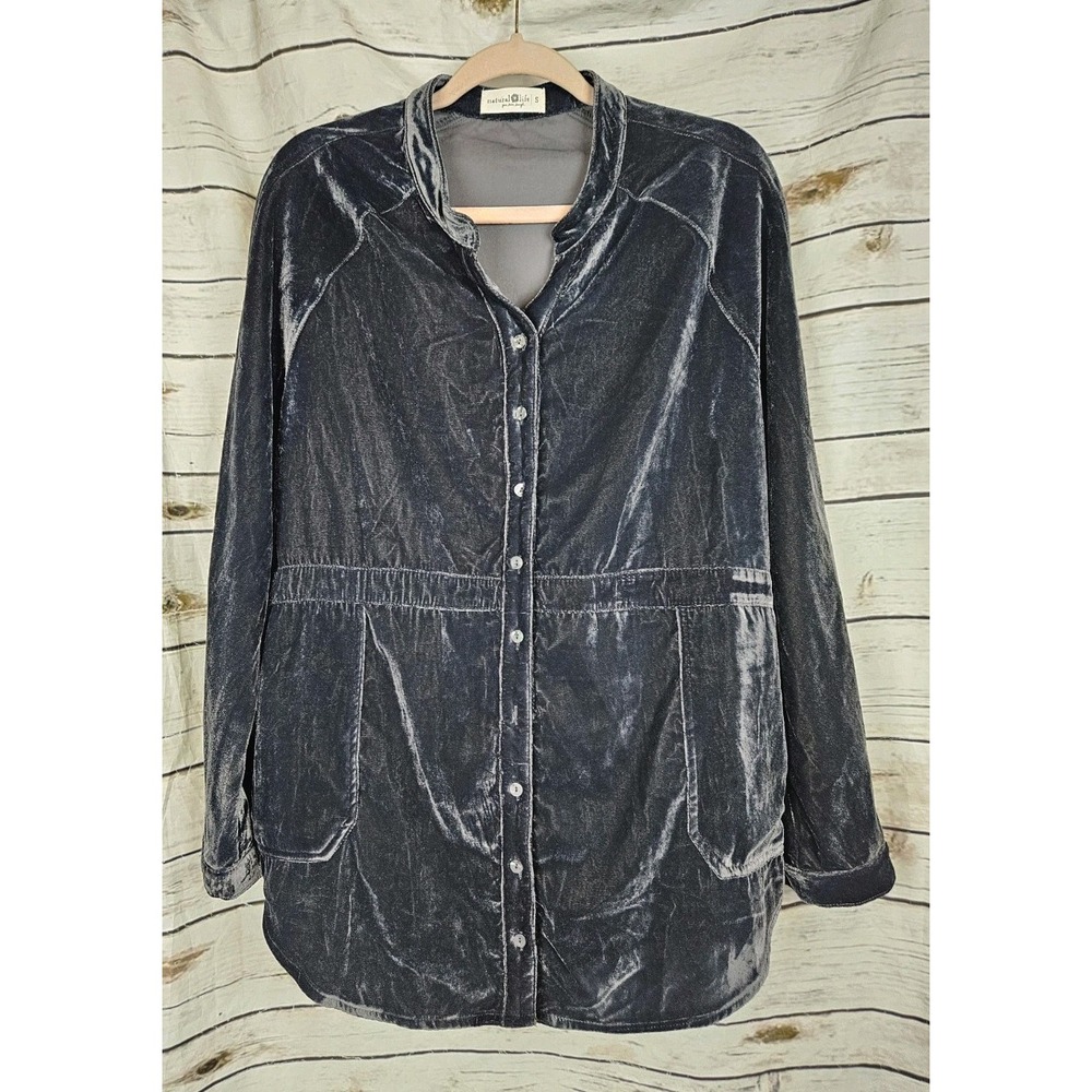 Natural Life Charcoal Velvet Tunic Top S Button Up Oversized Boho Whimsigoth